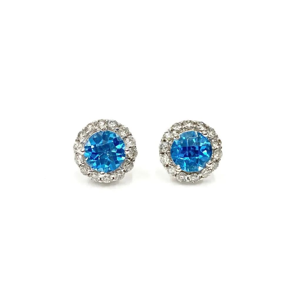 18 Karat White Gold Blue Topaz and Diamond Stud Earrings