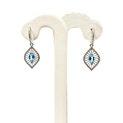 10 Karat White Gold Blue Topaz and Diamond Drop Earrings