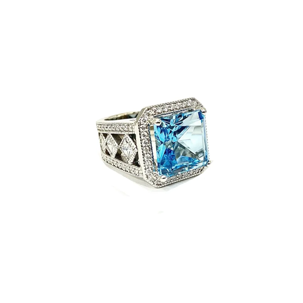 14 Karat White Gold Blue Topaz and Diamond Ring