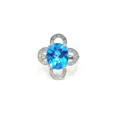 14 Karat White Gold Clover Blue Topaz and Diamond Ring