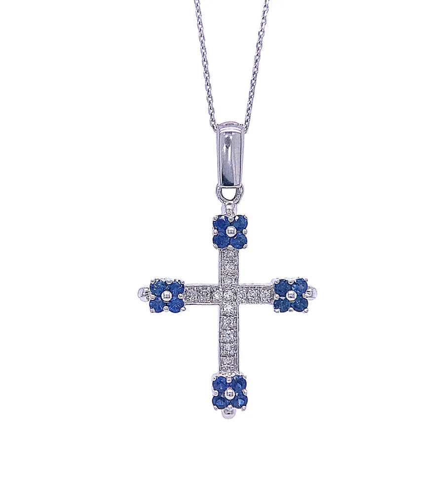 18 Karat White Gold Sapphire and Diamond Cross Necklace