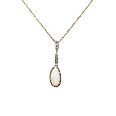 14 Karat Yellow Gold Opal and Diamond Necklace with 10 Karat Chain