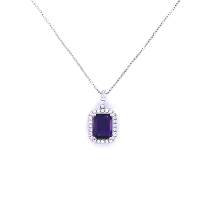 14 Karat White Gold Amethyst Halo Necklace