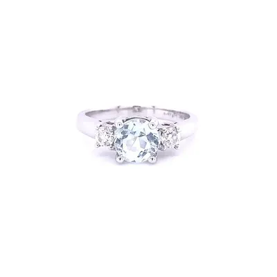 14 Karat White Gold Aquamarine and Diamond Three Stone Ring