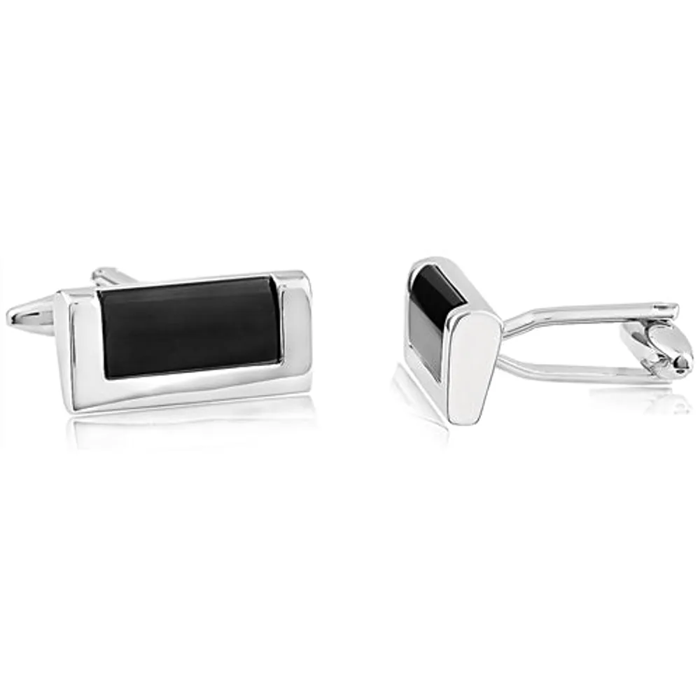 Brass Rectangular Rhodium Plated Cufflink With Black Onyx