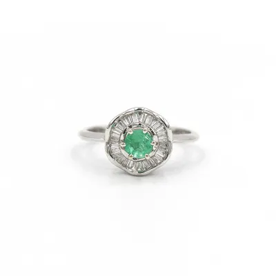 14 Karat White Gold Emerald and Baguette Diamond Ring