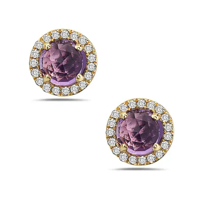 14 Karat Yellow Gold Amethyst and Diamond Halo Earrings