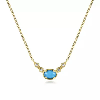 Gabriel & Co. 14 Karat Yellow Gold Oval Turquoise and Diamond Necklace