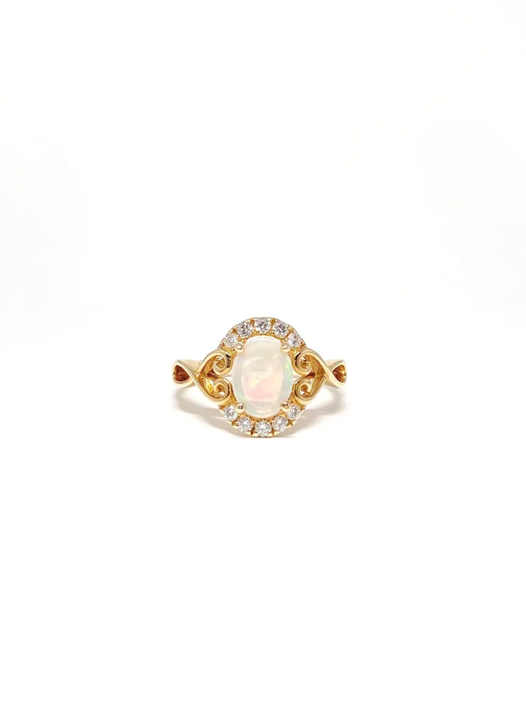 14 Karat Yellow Gold Opal and Diamond Heart Accent Ring