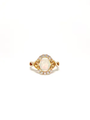 14 Karat Yellow Gold Opal and Diamond Heart Accent Ring