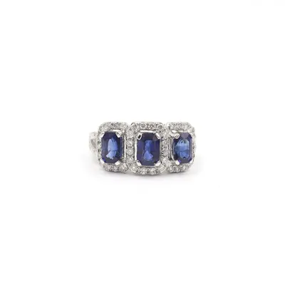 18 Karat White Gold Three Stone Sapphire and Diamond Ring