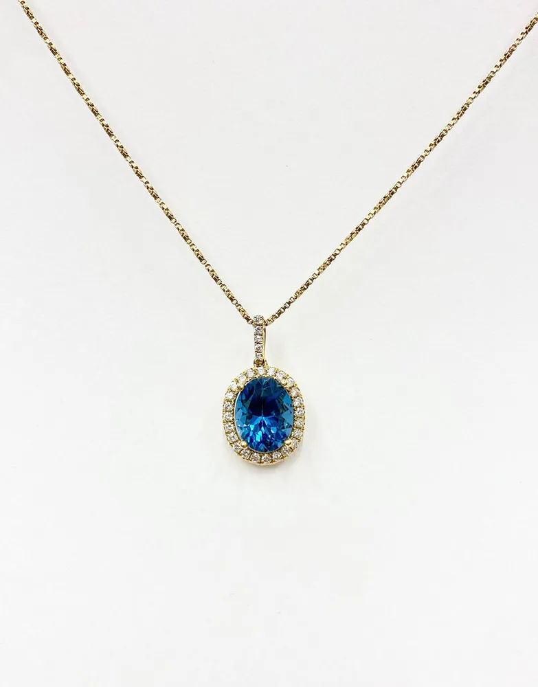 14 Karat Yellow Gold London Blue Topaz and Diamond Necklace