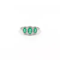 14 Karat White Gold Emerald and Diamond Oval Three Stone Ring