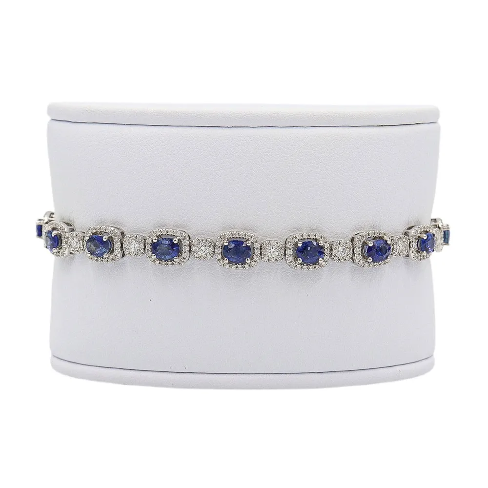 18 Karat White Gold Sapphire and Diamond Halo Tennis Bracelet