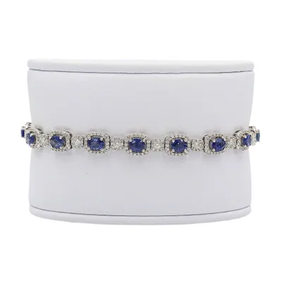 18 Karat White Gold Sapphire and Diamond Halo Tennis Bracelet