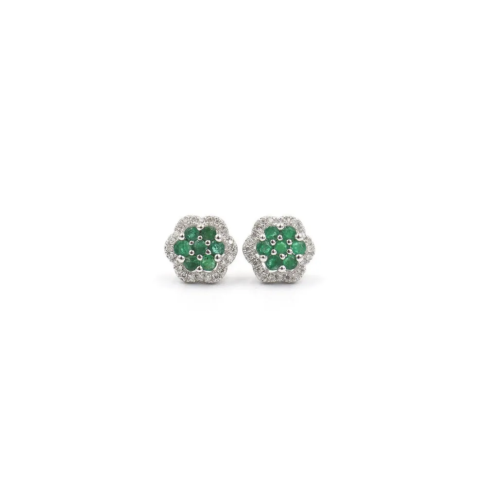 14 Karat Yellow Gold Emerald and Diamond Flower Stud Earrings