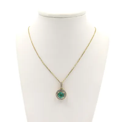 14 Karat Gold Emerald and Diamond Halo Necklace