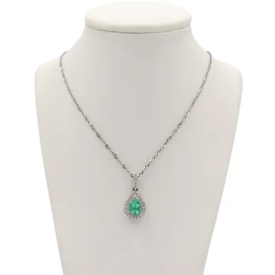 14 Karat White Gold Emerald and Diamond Teardrop Halo Necklace