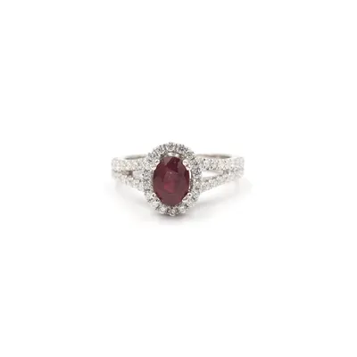 14 Karat White Gold Ruby and Diamond Oval Halo Ring