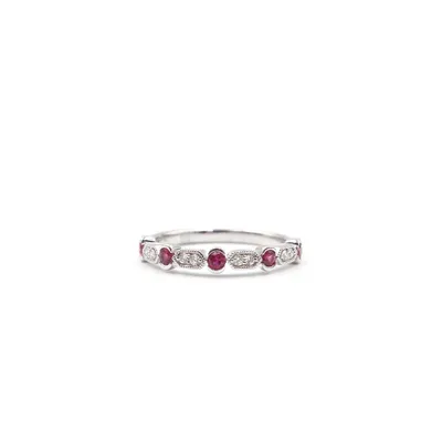 14 Karat White Gold Ruby and Diamond Vintage Style Band