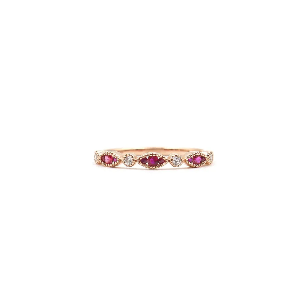 14 Karat Rose Gold Ruby and Diamond Vintage Style Band