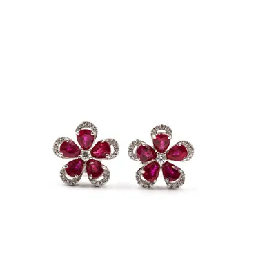 18 Karat White Gold Diamond and Ruby Flower Stud Earrings