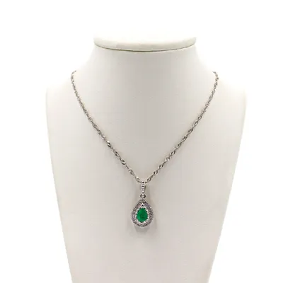 14 Karat White Gold Emerald and Diamond Teardrop Necklace