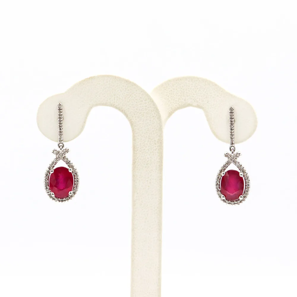 14 Karat White Gold Diamond and Ruby Drop Earrings