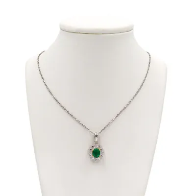 14 Karat White Gold Emerald and Diamond Necklace