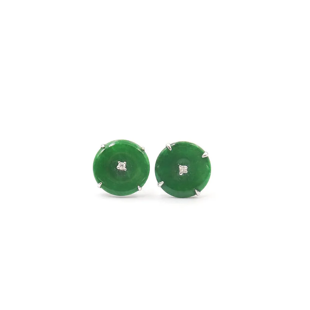 14 Karat White Gold Jade and Diamond Round Earrings