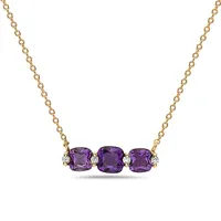 14 Karat Yellow Gold Amethyst and Diamond Triple Stone Necklace