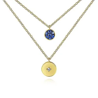 Gabriel & Co. 14 Karat Yellow Gold Sapphire Pave and Diamond Disc Necklace