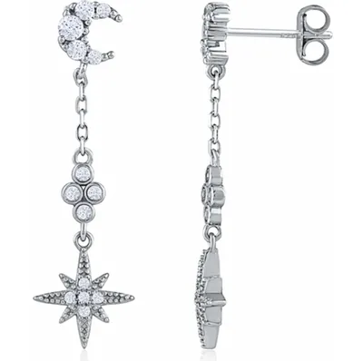 Sterling Silver Cubic Zirconia Dangle Moon and Star Earrings