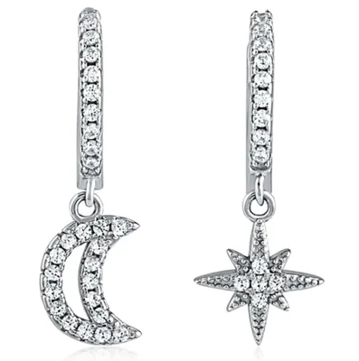 Sterling Silver Cubic Zirconia Moon and Star Hoop Earrings