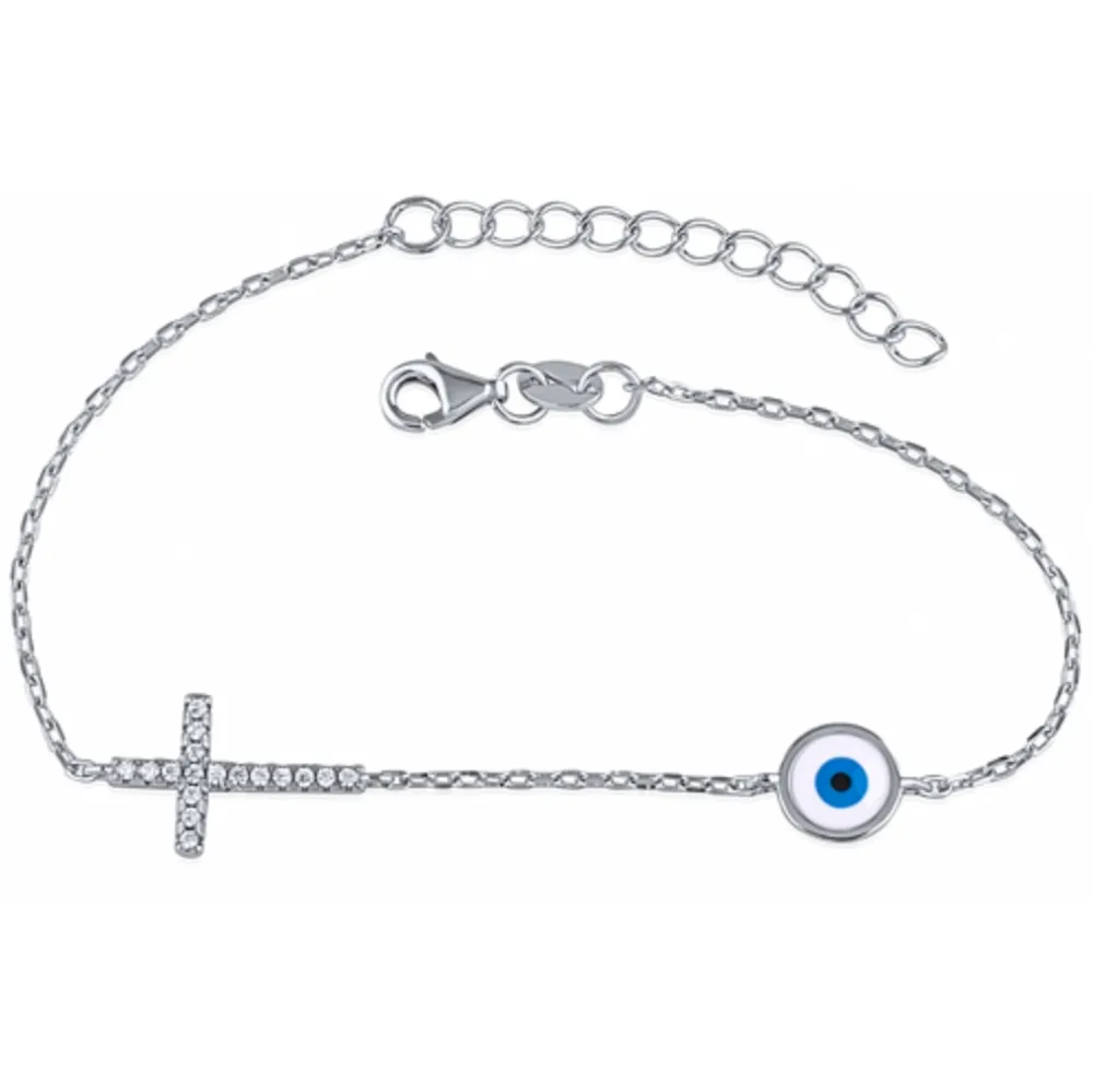 Sterling Silver Cubic Zirconia Evil Eye and Cross Bracelet