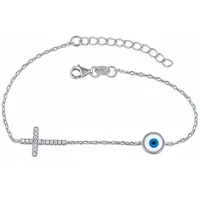 Sterling Silver Cubic Zirconia Evil Eye and Cross Bracelet