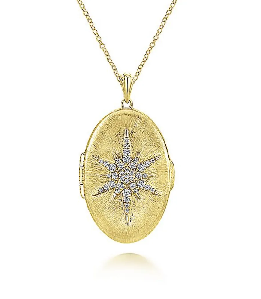 Gabriel & Co. 14 Karat Yellow Gold Oval Starburst Diamond Locket