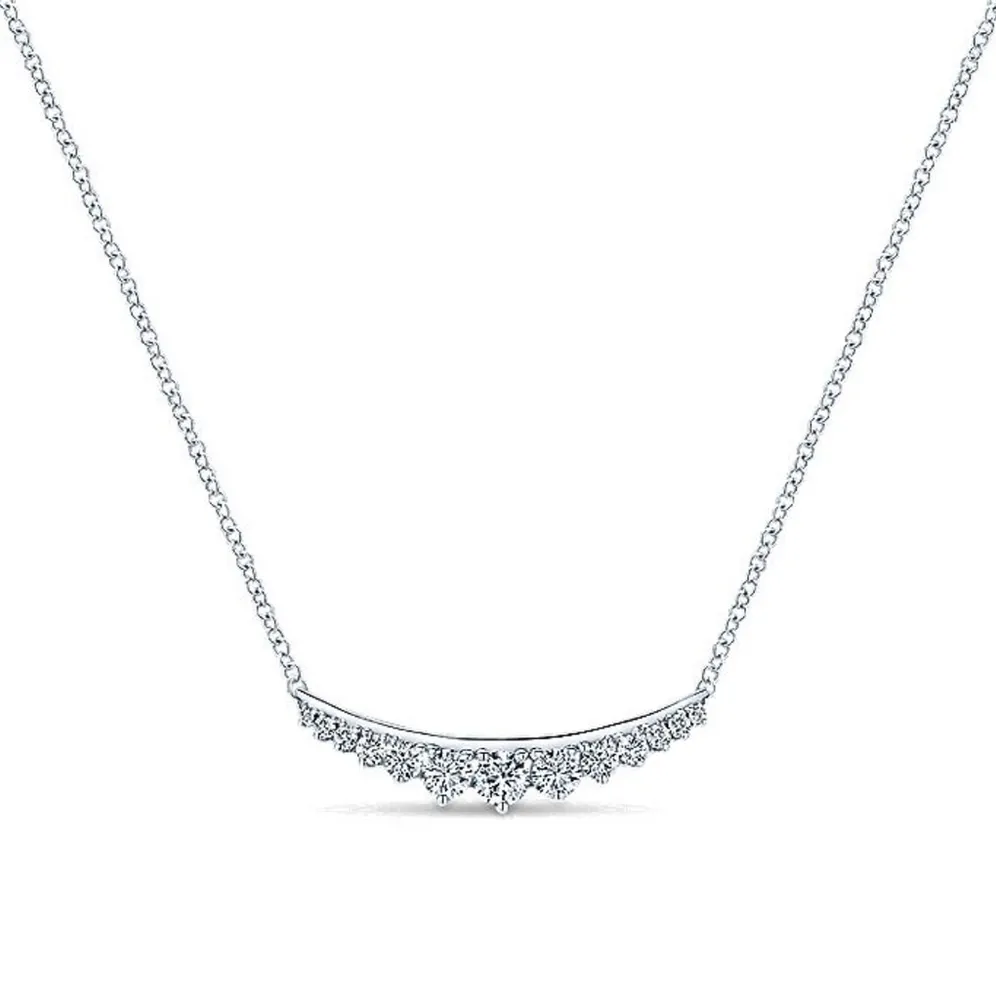 14K White Gold Curved Diamond Bar Necklace