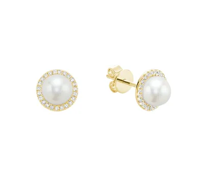 10 Karat Gold 6.5mm Freshwater Pearl and Diamond Stud Earrings