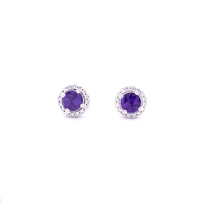 18 Karat White Gold Amethyst and Diamond Halo Earrings