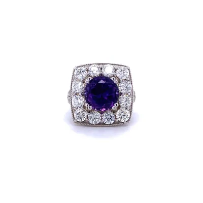 14 Karat White Gold Amethyst and Diamond Square Halo Cocktail Ring