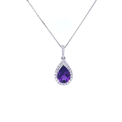 14 Karat White Gold Amethyst and Diamond Teardrop Necklace