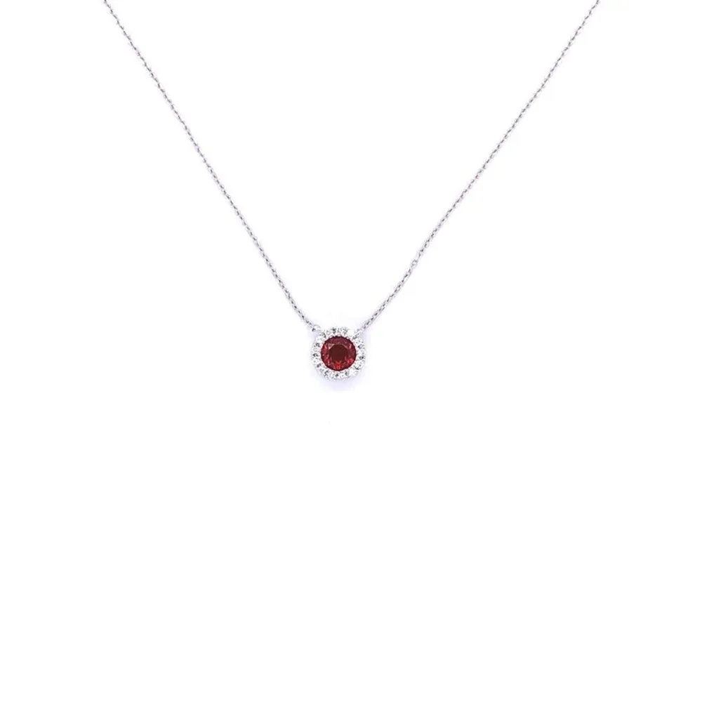 14 Karat White Gold Garnet and Diamond Bezel Necklace