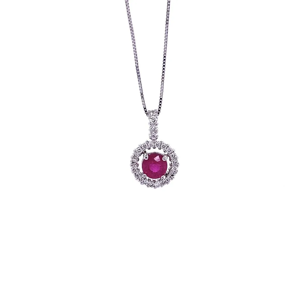 18 Karat White Gold Ruby and Diamond Halo Necklace