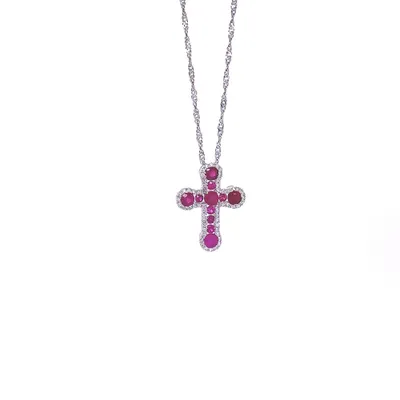 14 Karat White Gold Ruby and Diamond  Cross Necklace