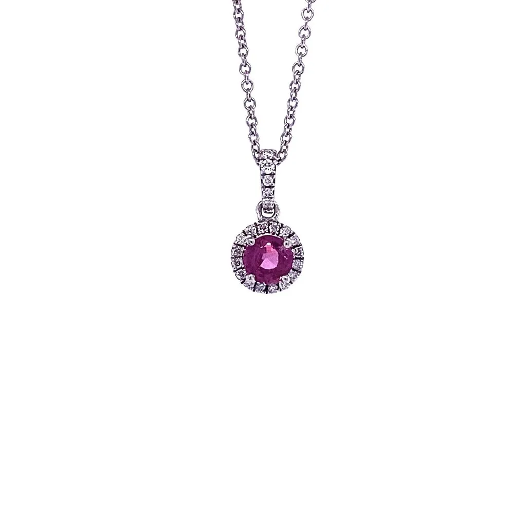 18 Karat White Gold Diamond and Ruby Halo Necklace