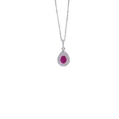 14 Karat White Gold Ruby and Diamond Teardrop Necklace