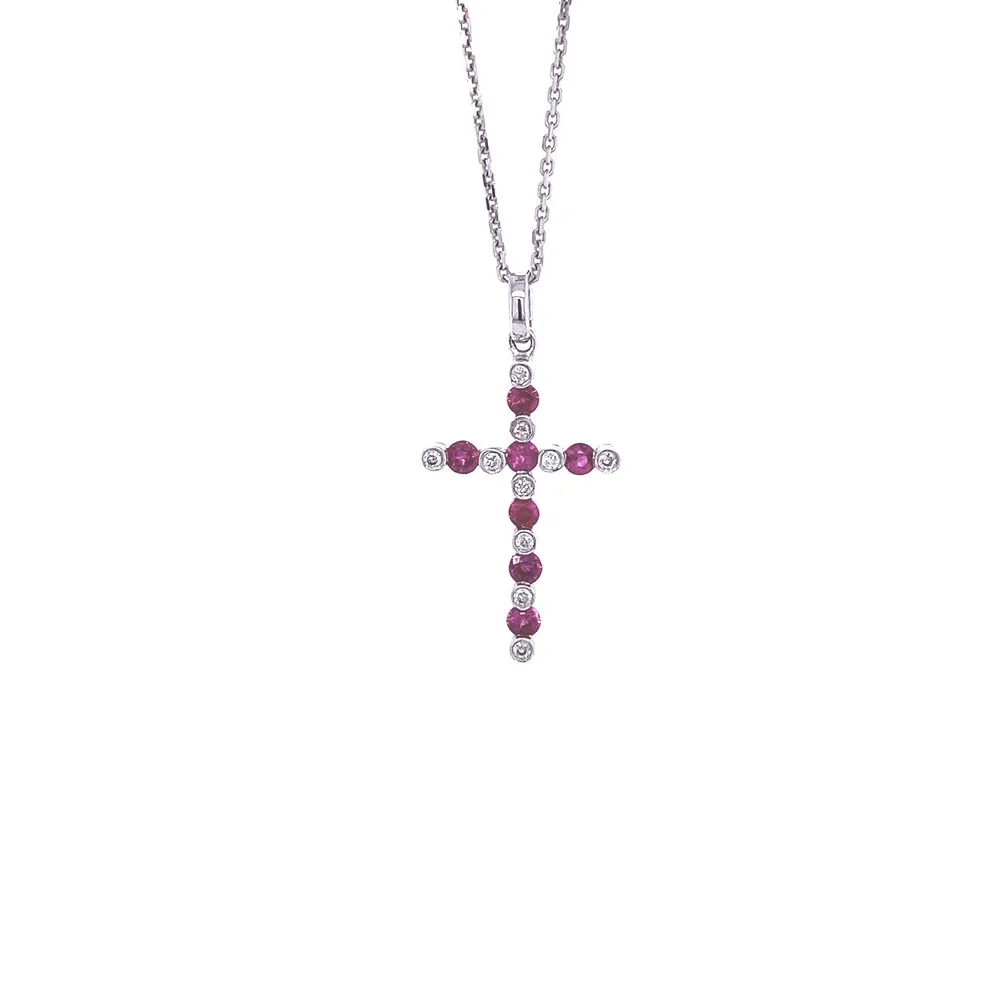 18 Karat White Gold Ruby and Diamond  Cross Necklace