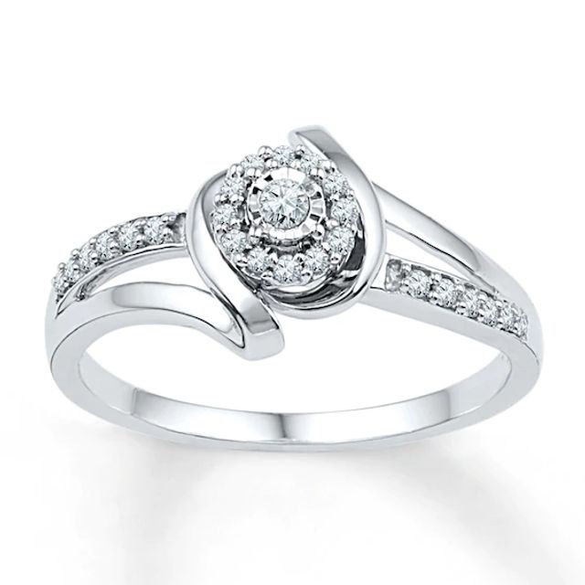 Diamond Halo Swirl Shank Promise Ring 1/6 ct tw 10K White Gold