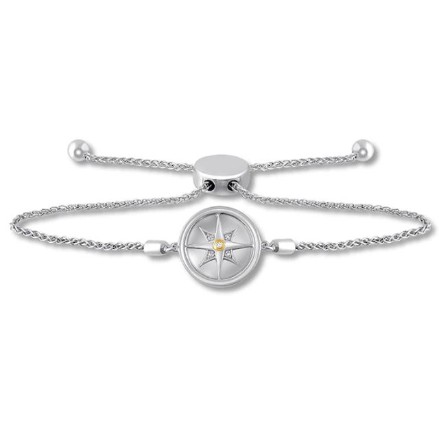 Compass Bolo Bracelet Diamond Accent Sterling Silver & 10K Yellow Gold 9.5"